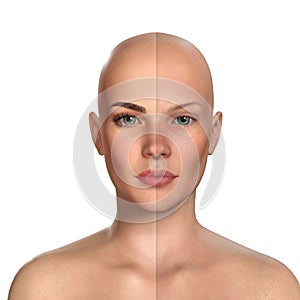 3d comparative portrait of women with and without makeup