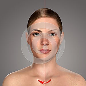 3d comparative portrait of women with and without makeup