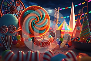 3D Composite Candy-Filled Carnival with Games. Generative AI