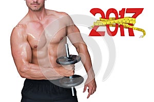 3D Composite image of bodybuilder lifting dumbbell