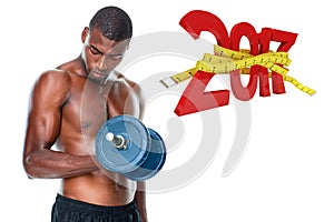 3D Composite image of determined fit shirtless young man lifting dumbbell