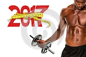 3D Composite image of mid section of fit shirtless young man lifting dumbbell