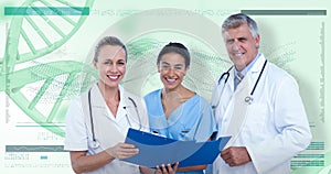 3D Composite image of portrait of happy doctors and nurse with clipboard
