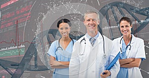 3D Composite image of portrait of male doctor with female staffs