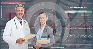 3D Composite image of portrait of male and female doctors with medical reports