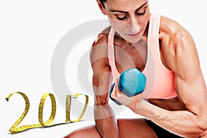 3D Composite image of strong woman doing bicep curl with blue dumbbell