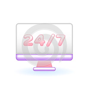 3D Computer 24 hours 7 days Support Icon. Customer Service Concept. Glossy Glass Plastic Pastel Color. Cute Realistic Cartoon