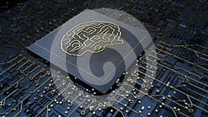 3d computer chip cpu with human brain. Processor on technology board. Ai, science, data, network concept.