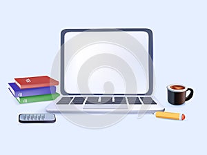 3D Computer laptop with blank empty screen for copy space text on working desk table or workplace vector illustration