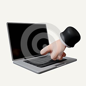3D Computer laptop with hand finger presses on keyboard button. Typing on notebook. icon isolated on white background
