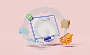 3d computer monitor with shopping cart, goods cardboard box, basket, credit card, check marks isolated on pink background. Online