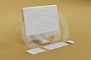 3d Computer monitor, wireless mouse, keyboard float on yellow background.3d illustration