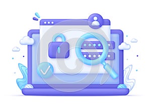 3D Computer and Protect Personal Data. Cyber security concept. Padlock and password icons. User authorization,