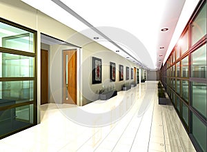 3D computer render illustration of office corridor