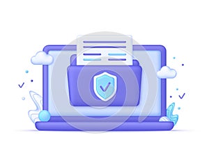 3D Computer and secure confidential files folder with paper documents access. Data files security.