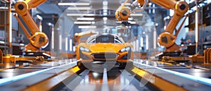 A 3D concept of a car factory that manufactures high-tech electric vehicles with an automated robot arm assembly line. A