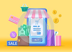 3d Concept Online Shopping Plasticine Cartoon Style. Vector