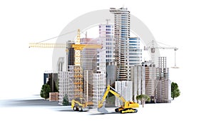 3D conceptual illustration of construction diggers and cranes in city