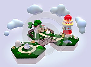 3D Conceptual illustration. Islands with a lighthouse and a park.