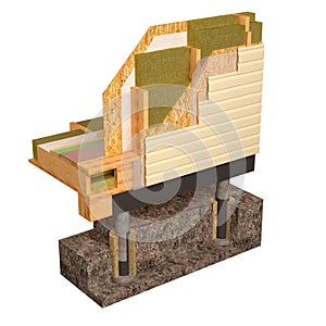 3d Conceptual image of insulation and building construction frame house.