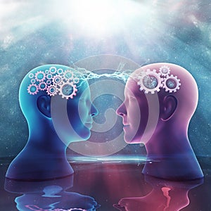 3d conceptual render of man and woman silhouette with gear icons in head