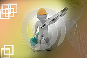 3D construction worker with spanner and safety helmet
