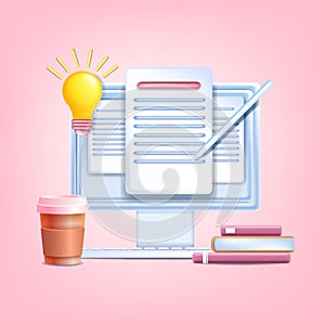 3D content vector illustration, online storytelling writing concept, web document paper, SMM icon.