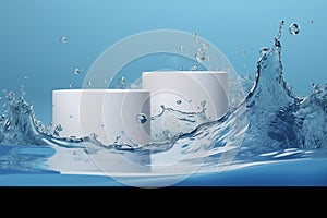 3d cosmetic background. podium with abstract water splash blue background for banner, product or cosmetics presentation. 3d