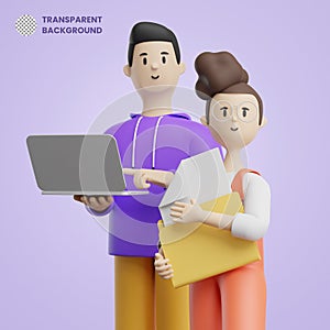 3D Couple Man Women Working Teamwork Development Laptop Folder Accountant