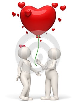 3d couple releasing a red heart balloon Valentines day