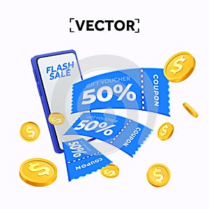 3d coupons and vouchers giveaway banner template with coupons and golden coins flying out of smartphone. Flash sale