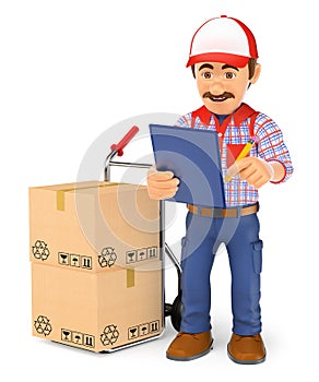 3D Courier delivery man checking the packages to deliver