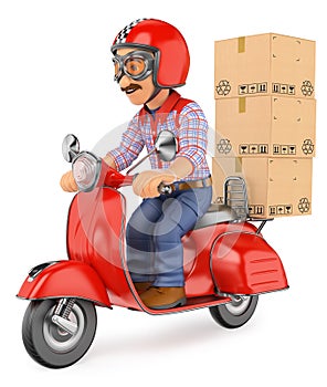 3D Courier delivery man delivering a package by scooter motorcycle