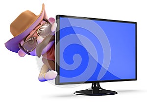 3d Cowboy sheriff behind a flatscreen television monitor