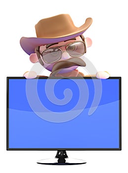 3d Cowboy sheriff looks over a flatscreen monitor