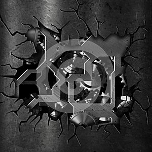 3D cracked grunge metal background with cogs and gears