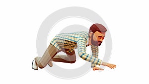 3D crawling man. Cartoon bearded man crawling