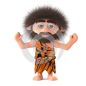3d Crazy hairy caveman cheers with joy