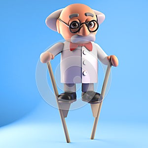 3d crazy mad scientist character walking on stilts, 3d illustration