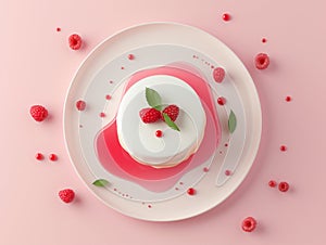 3d creamy panna kotta dessert with raspberries. Top view