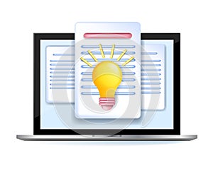 3D creative content concept, vector virtual document page, online article paper note, bulb, laptop.