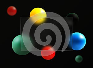 3D creative glass morphism background design. Transparent glass banner with multi-colored geometric spheres on a black