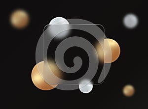 3D creative glass morphism background. Transparent glass banner with gold and white geometric spheres on a black
