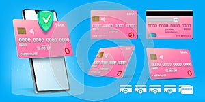 3D credit card design. Bank payment in phone. Online app. Wallet mockup of smartphone. Financial transfer icons. Mobile