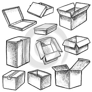 3d cube boxes or realistic cargo containers sketch