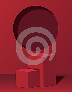 3d cube podium display mockup on red abstract background with window light and shadow for product minimal presentation