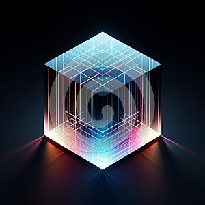 3D cube with refraction and holographic effect light on dark background