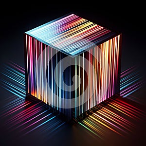 3D cube with refraction and holographic effect light on dark background