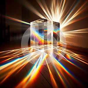 3D cube with refraction light and holographic effect on dark background