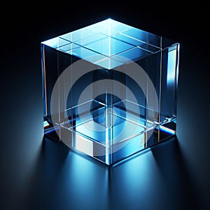 3D cube with refraction light and holographic effect on dark background